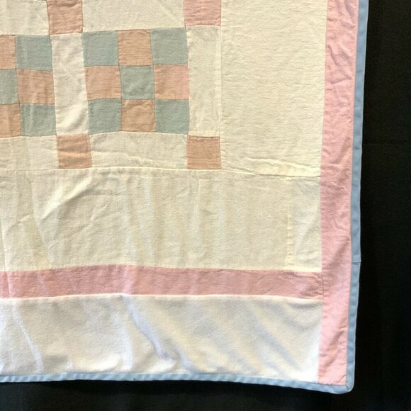 Handmade Baby Quilt Pastel Pink & Blue Patchwork Flannel Soft 38x47 - Picture 4 of 5